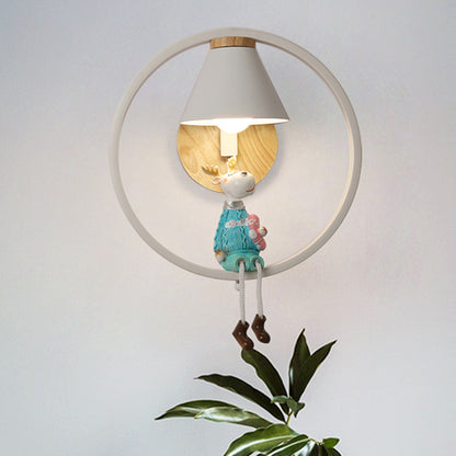 Deer/Angel Girl Wall Light Cartoon Metal 1 Light Pink/Blue Wall Lighting with Conical Fabric Shade and Ring Blue Clearhalo 'Wall Lamps & Sconces' 'Wall Lights' Lighting' 1651634