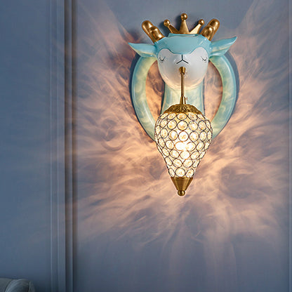 Teardrop Bedroom Wall Mounted Light Metal 1 Bulb Kids Wall Sconce Lighting with Deer Backplate in Pink/Blue Blue Clearhalo 'Wall Lamps & Sconces' 'Wall Lights' Lighting' 1651644