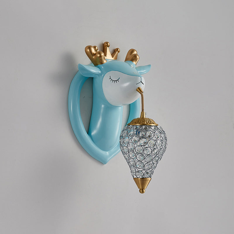 Teardrop Bedroom Wall Mounted Light Metal 1 Bulb Kids Wall Sconce Lighting with Deer Backplate in Pink/Blue Clearhalo 'Wall Lamps & Sconces' 'Wall Lights' Lighting' 1651646