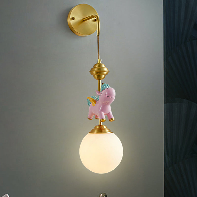 Kids Globe Wall Mount White Glass Single Head Bedroom Wall Mounted Lamp in Brass with Pink/Blue Unicorn Decor Pink Clearhalo 'Wall Lamps & Sconces' 'Wall Lights' Lighting' 1651648