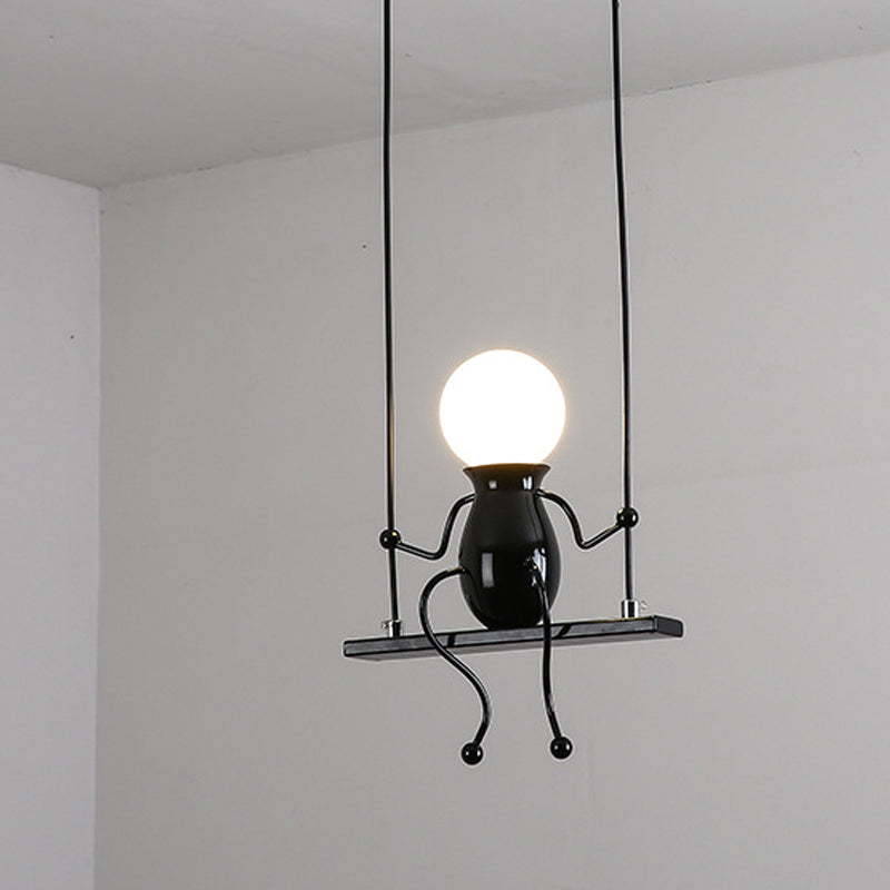 Swing Kid Metal Chandelier Lamp Cartoon 1/2 Heads Black/White Finish Hanging Light Fixture for Bedroom 1 Black Clearhalo 'Ceiling Lights' 'Chandeliers' 'Modern Chandeliers' 'Modern' Lighting' 1651674