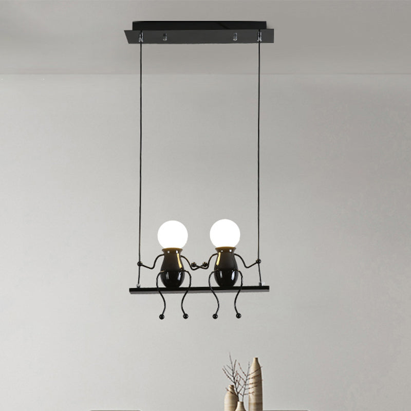 Swing Kid Metal Chandelier Lamp Cartoon 1/2 Heads Black/White Finish Hanging Light Fixture for Bedroom 2 Black Clearhalo 'Ceiling Lights' 'Chandeliers' 'Modern Chandeliers' 'Modern' Lighting' 1651682