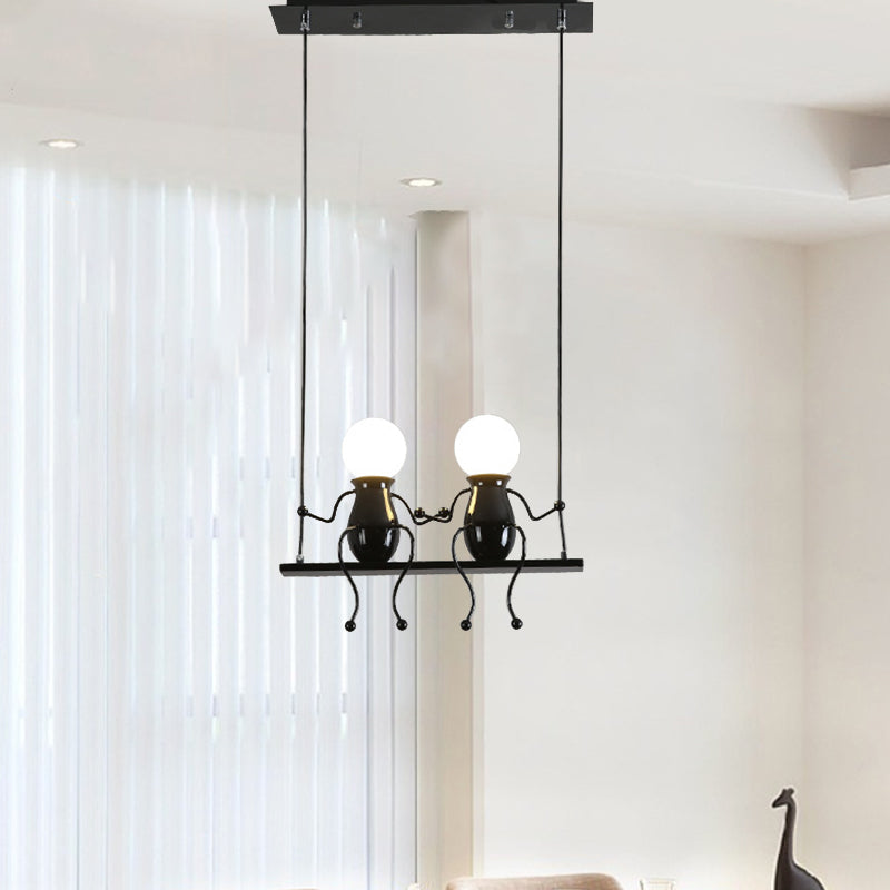 Swing Kid Metal Chandelier Lamp Cartoon 1/2 Heads Black/White Finish Hanging Light Fixture for Bedroom Clearhalo 'Ceiling Lights' 'Chandeliers' 'Modern Chandeliers' 'Modern' Lighting' 1651683