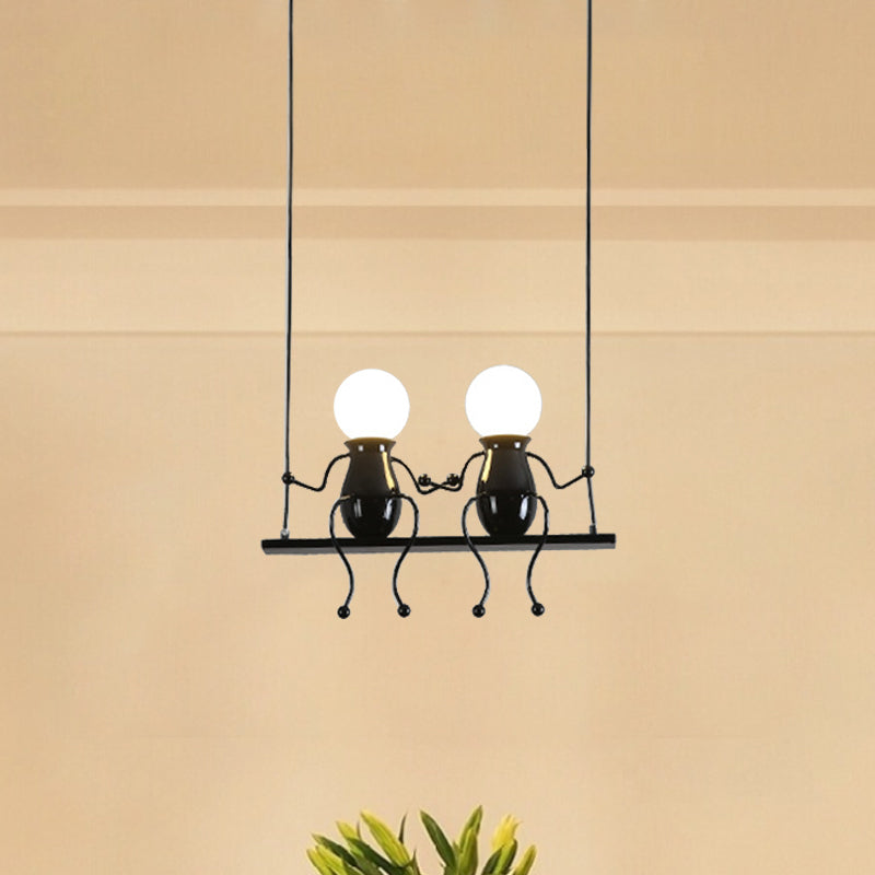 Swing Kid Metal Chandelier Lamp Cartoon 1/2 Heads Black/White Finish Hanging Light Fixture for Bedroom Clearhalo 'Ceiling Lights' 'Chandeliers' 'Modern Chandeliers' 'Modern' Lighting' 1651684