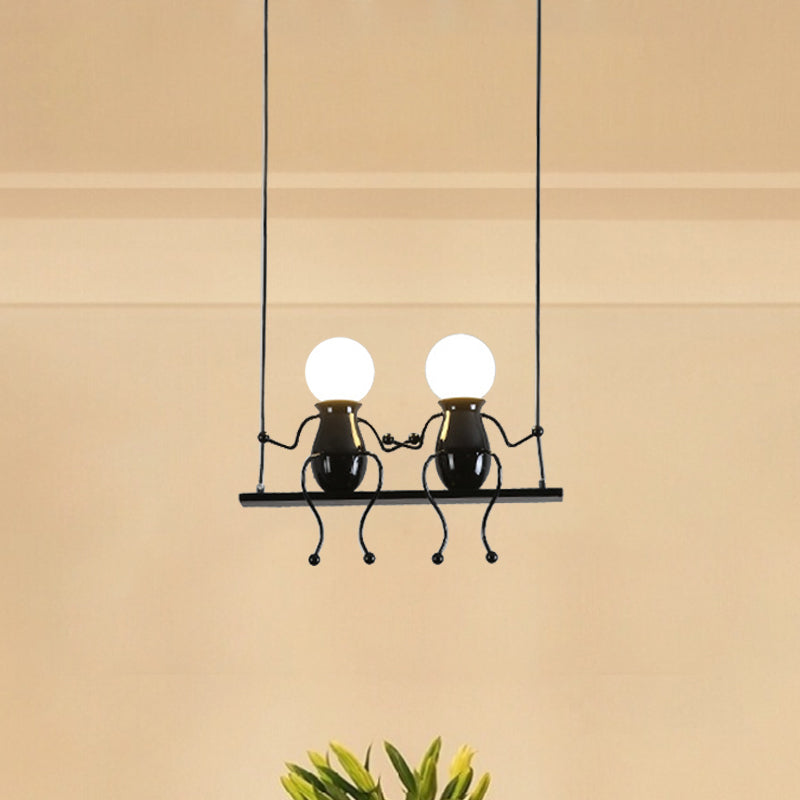 Swing Kid Metal Chandelier Lamp Cartoon 1/2 Heads Black/White Finish Hanging Light Fixture for Bedroom Clearhalo 'Ceiling Lights' 'Chandeliers' 'Modern Chandeliers' 'Modern' Lighting' 1651684
