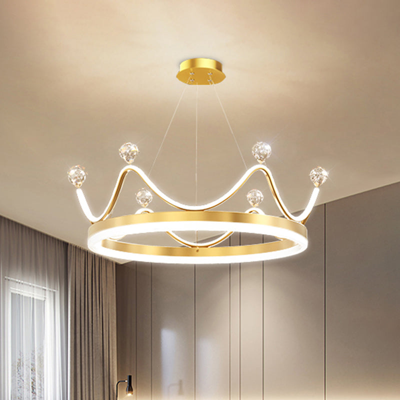 Metallic Crown Hanging Pendant Nordic Style LED Chandelier Lighting with Clear Crystal Bead Decor in Pink/Gold Gold Clearhalo 'Ceiling Lights' 'Chandeliers' Lighting' options 1651699_b74cc433-b57f-4eb2-8272-f1c67fe75e80