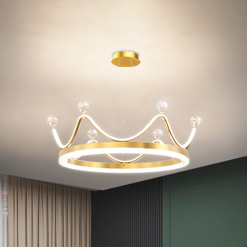 Metallic Crown Hanging Pendant Nordic Style LED Chandelier Lighting with Clear Crystal Bead Decor in Pink/Gold Clearhalo 'Ceiling Lights' 'Chandeliers' Lighting' options 1651700