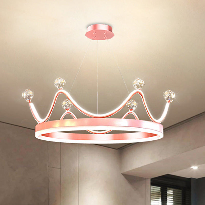 Metallic Crown Hanging Pendant Nordic Style LED Chandelier Lighting with Clear Crystal Bead Decor in Pink/Gold Pink Clearhalo 'Ceiling Lights' 'Chandeliers' Lighting' options 1651703_64f8c00f-3af3-40de-9f53-e66f785afcc2