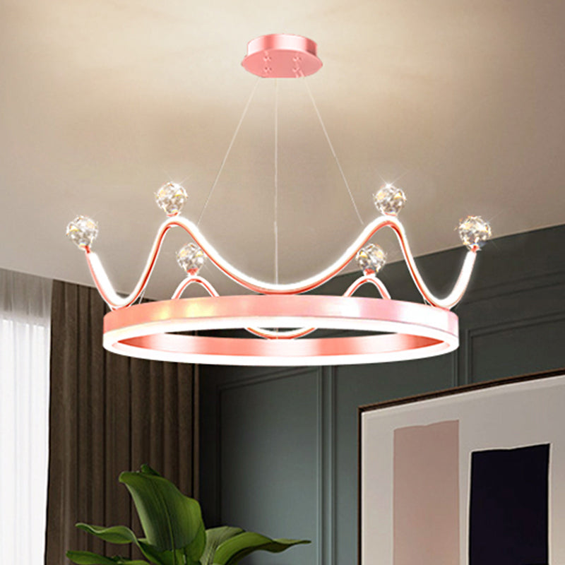 Metallic Crown Hanging Pendant Nordic Style LED Chandelier Lighting with Clear Crystal Bead Decor in Pink/Gold Clearhalo 'Ceiling Lights' 'Chandeliers' Lighting' options 1651704