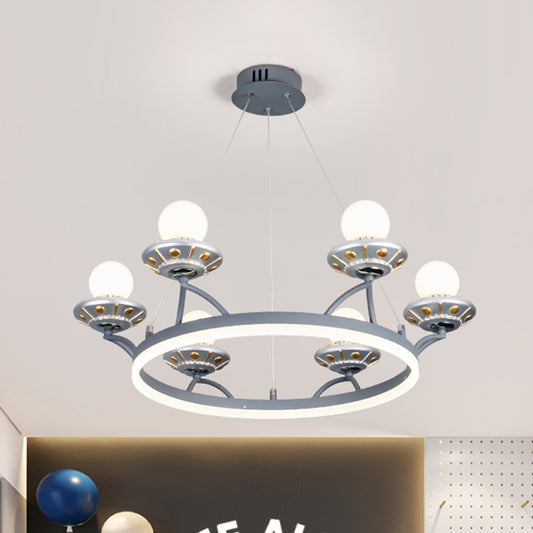 Round Metal Hanging Light Kids 6 Lights Silver Chandelier Lamp with Sphere White Glass Shade Clearhalo 'Ceiling Lights' 'Chandeliers' Lighting' options 1651707