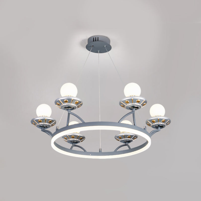 Round Metal Hanging Light Kids 6 Lights Silver Chandelier Lamp with Sphere White Glass Shade Clearhalo 'Ceiling Lights' 'Chandeliers' Lighting' options 1651708