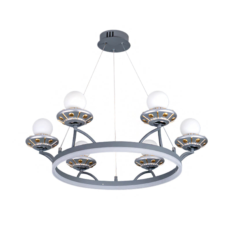 Round Metal Hanging Light Kids 6 Lights Silver Chandelier Lamp with Sphere White Glass Shade Clearhalo 'Ceiling Lights' 'Chandeliers' Lighting' options 1651709