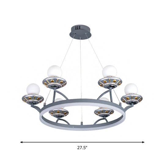 Round Metal Hanging Light Kids 6 Lights Silver Chandelier Lamp with Sphere White Glass Shade Clearhalo 'Ceiling Lights' 'Chandeliers' Lighting' options 1651710