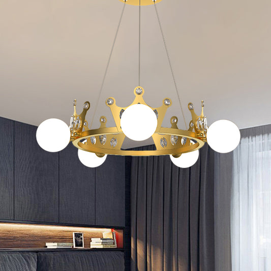 Metal Crown Chandelier Lamp Kids 5/8 Lights Hanging Light with Ball Frosted Glass Shade in Gold Clearhalo 'Ceiling Lights' 'Chandeliers' Lighting' options 1651715