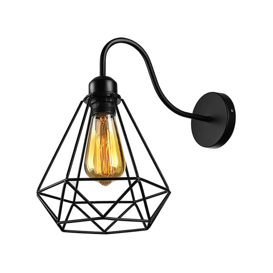 Metal Square/Diamond Cage Wall Lighting Vintage Industrial 1 Head Restaurant Wall Sconce Lighting in Black Clearhalo 'Art deco wall lights' 'Cast Iron' 'Glass' 'Industrial wall lights' 'Industrial' 'Middle century wall lights' 'Modern' 'Rustic wall lights' 'Tiffany' 'Traditional wall lights' 'Wall Lamps & Sconces' 'Wall Lights' Lighting' 165171