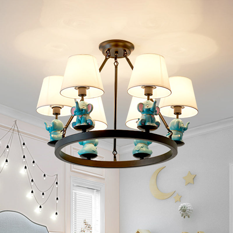 Black Ring Chandelier Lamp Cartoon 6-Head Metal Pendant Ceiling Light with Cone Fabric Shade and Pink/Blue Elephant Decor Blue Clearhalo 'Ceiling Lights' 'Chandeliers' Lighting' options 1651720_48ce95e1-4531-4ce4-9f3f-647fd010e49f