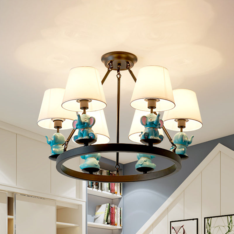 Black Ring Chandelier Lamp Cartoon 6-Head Metal Pendant Ceiling Light with Cone Fabric Shade and Pink/Blue Elephant Decor Clearhalo 'Ceiling Lights' 'Chandeliers' Lighting' options 1651721
