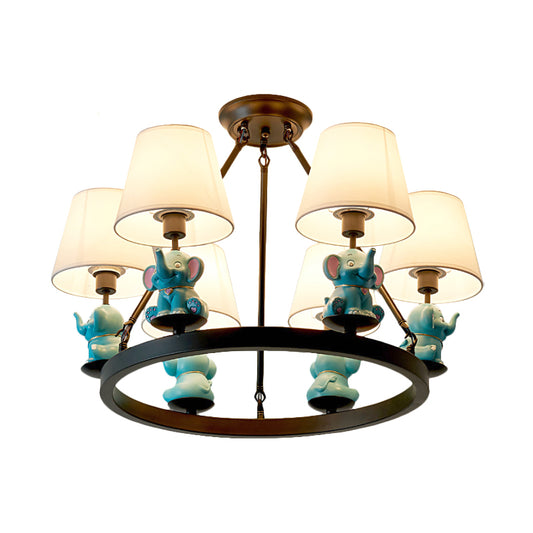 Black Ring Chandelier Lamp Cartoon 6-Head Metal Pendant Ceiling Light with Cone Fabric Shade and Pink/Blue Elephant Decor Clearhalo 'Ceiling Lights' 'Chandeliers' Lighting' options 1651722