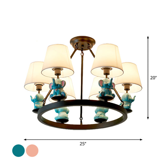Black Ring Chandelier Lamp Cartoon 6-Head Metal Pendant Ceiling Light with Cone Fabric Shade and Pink/Blue Elephant Decor Clearhalo 'Ceiling Lights' 'Chandeliers' Lighting' options 1651723