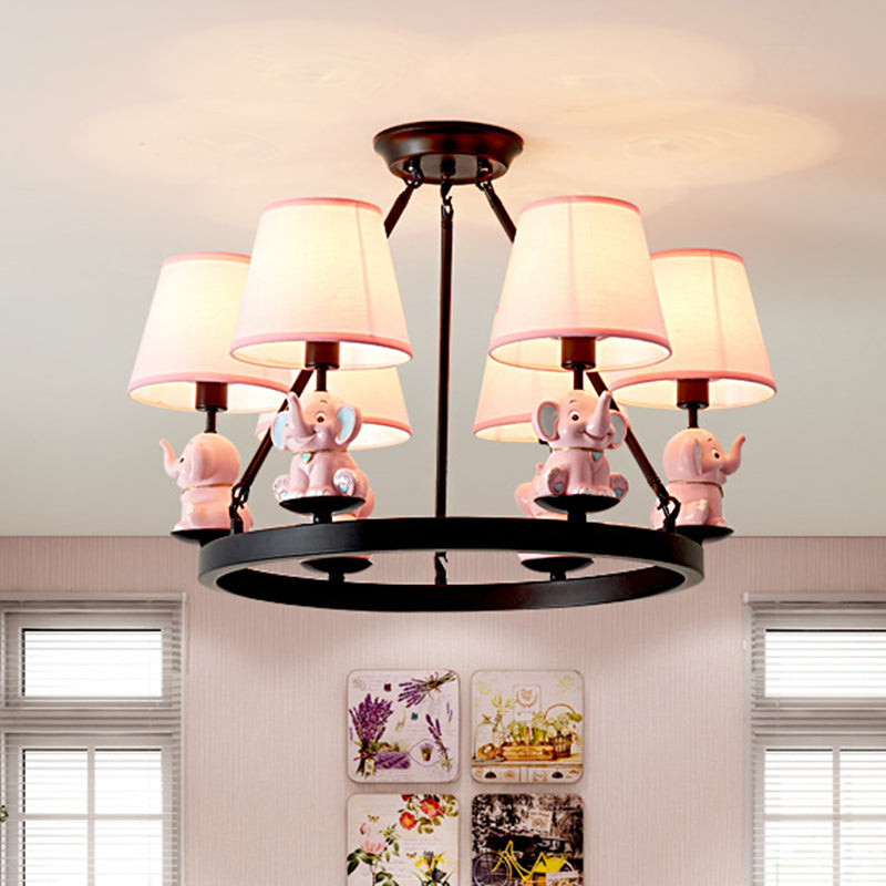Black Ring Chandelier Lamp Cartoon 6-Head Metal Pendant Ceiling Light with Cone Fabric Shade and Pink/Blue Elephant Decor Clearhalo 'Ceiling Lights' 'Chandeliers' Lighting' options 1651724