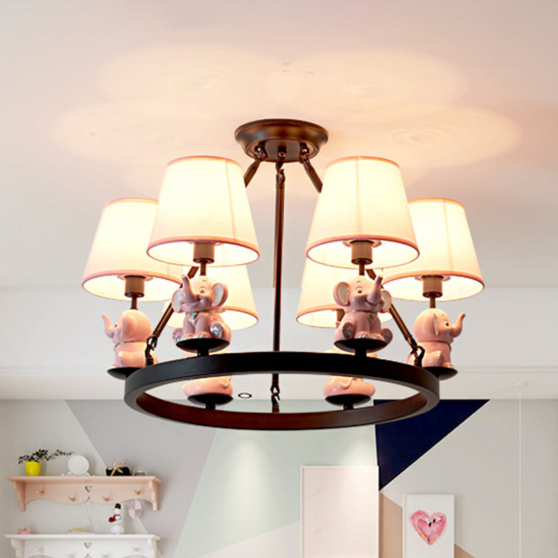 Black Ring Chandelier Lamp Cartoon 6-Head Metal Pendant Ceiling Light with Cone Fabric Shade and Pink/Blue Elephant Decor Clearhalo 'Ceiling Lights' 'Chandeliers' Lighting' options 1651725