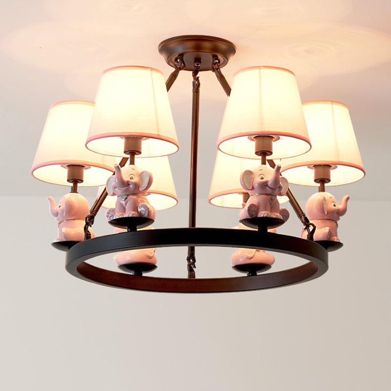Black Ring Chandelier Lamp Cartoon 6-Head Metal Pendant Ceiling Light with Cone Fabric Shade and Pink/Blue Elephant Decor Clearhalo 'Ceiling Lights' 'Chandeliers' Lighting' options 1651726