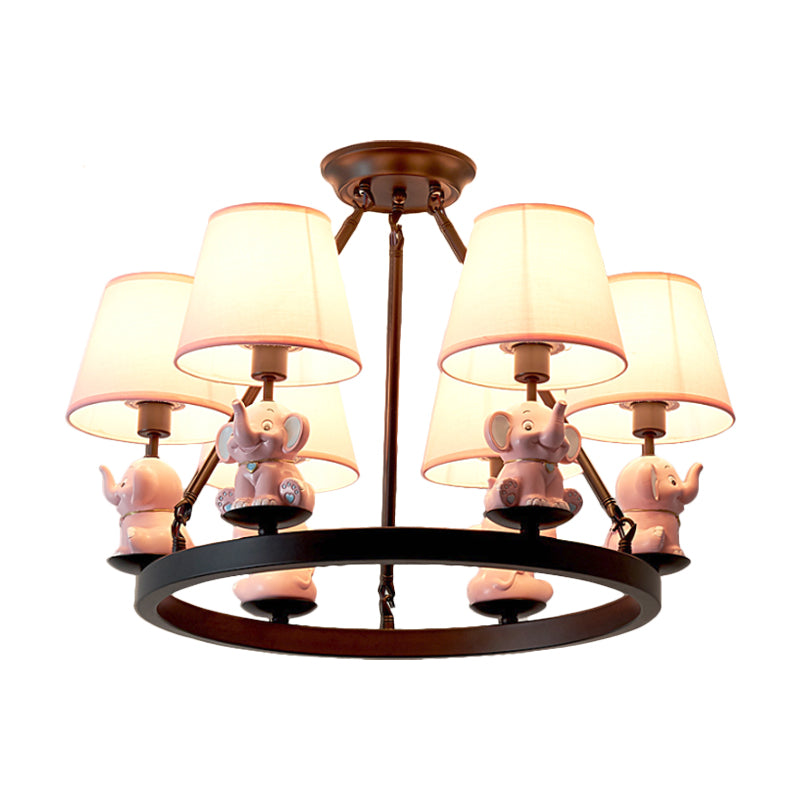 Black Ring Chandelier Lamp Cartoon 6-Head Metal Pendant Ceiling Light with Cone Fabric Shade and Pink/Blue Elephant Decor Clearhalo 'Ceiling Lights' 'Chandeliers' Lighting' options 1651727