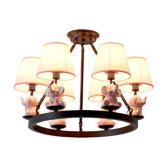 Black Ring Chandelier Lamp Cartoon 6-Head Metal Pendant Ceiling Light with Cone Fabric Shade and Pink/Blue Elephant Decor Clearhalo 'Ceiling Lights' 'Chandeliers' Lighting' options 1651727