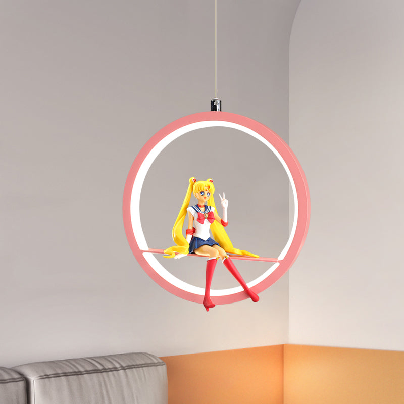 Round Girls Bedroom Pendant Chandelier Metallic LED Cartoon Hanging Light with Girl Decor in Pink/Blue Pink Clearhalo 'Ceiling Lights' 'Pendant Lights' 'Pendants' Lighting' 1651732_0385325c-032f-4ce4-a4cd-470517cc2bda