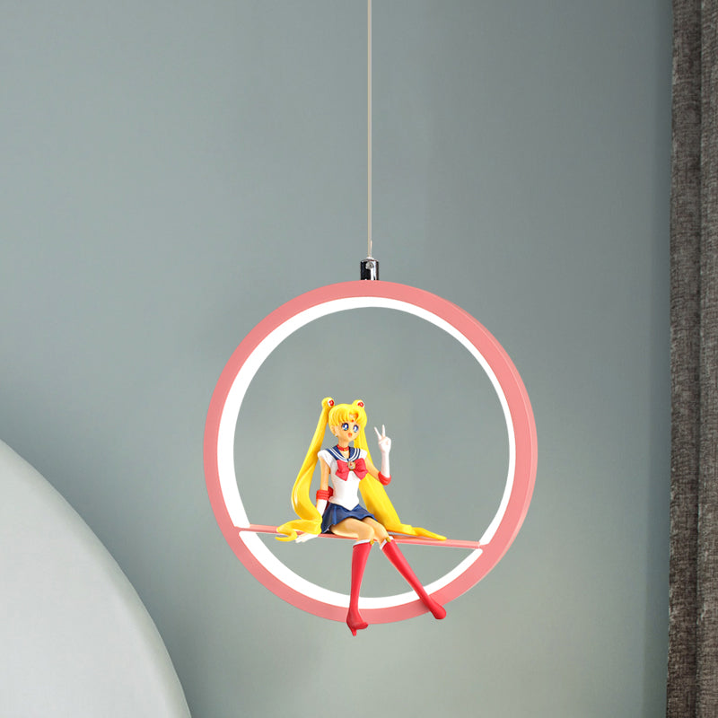 Round Girls Bedroom Pendant Chandelier Metallic LED Cartoon Hanging Light with Girl Decor in Pink/Blue Clearhalo 'Ceiling Lights' 'Pendant Lights' 'Pendants' Lighting' 1651733