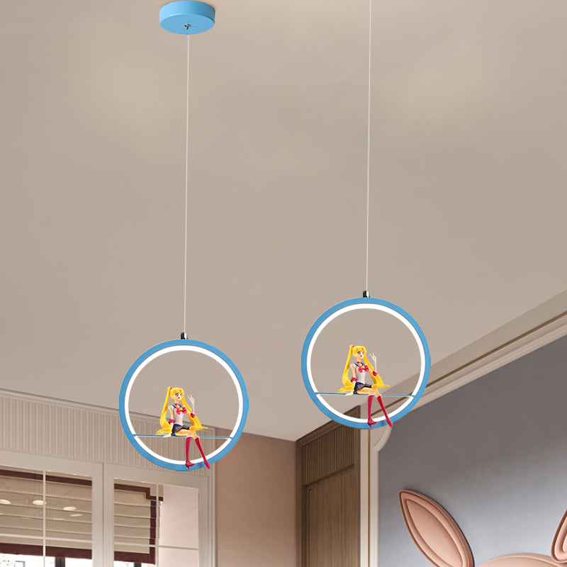 Round Girls Bedroom Pendant Chandelier Metallic LED Cartoon Hanging Light with Girl Decor in Pink/Blue Blue Clearhalo 'Ceiling Lights' 'Pendant Lights' 'Pendants' Lighting' 1651736_de718cb2-e934-4359-895f-75ec95d7f852
