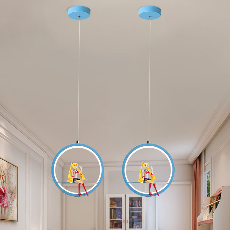 Round Girls Bedroom Pendant Chandelier Metallic LED Cartoon Hanging Light with Girl Decor in Pink/Blue Clearhalo 'Ceiling Lights' 'Pendant Lights' 'Pendants' Lighting' 1651737