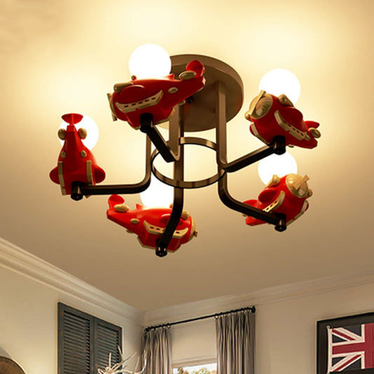 Airplane Metal Semi Flush Mount Cartoon 5 Lights Red Flush Ceiling Light for Boys Bedroom Red Clearhalo 'Ceiling Lights' 'Close To Ceiling Lights' 'Close to ceiling' 'Semi-flushmount' Lighting' 1651791