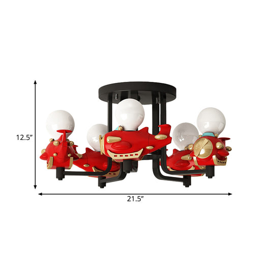 Airplane Metal Semi Flush Mount Cartoon 5 Lights Red Flush Ceiling Light for Boys Bedroom Clearhalo 'Ceiling Lights' 'Close To Ceiling Lights' 'Close to ceiling' 'Semi-flushmount' Lighting' 1651794