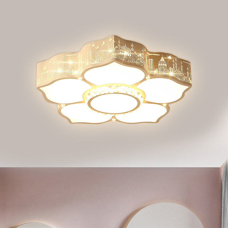Floral Bedroom Flush Light Fixture Acrylic LED Modern Flush Mount with Faceted Crystal Decor in White