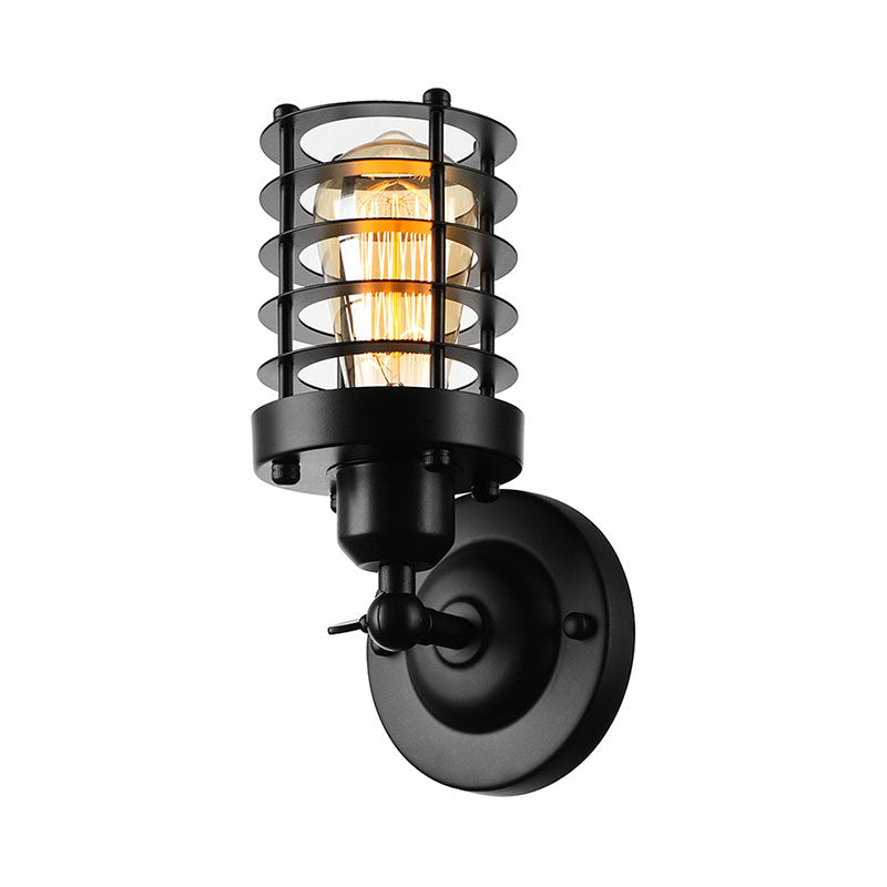 Wrought Iron Cylinder Wall Light with Cage Shade Industrial 1 Head Indoor Wall Mount Light in Rust/Black Finish Clearhalo 'Art deco wall lights' 'Cast Iron' 'Glass' 'Industrial wall lights' 'Industrial' 'Middle century wall lights' 'Modern' 'Rustic wall lights' 'Tiffany' 'Traditional wall lights' 'Wall Lamps & Sconces' 'Wall Lights' Lighting' 165189