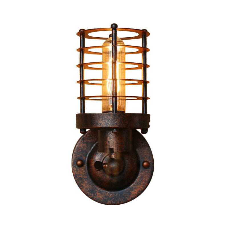 Wrought Iron Cylinder Wall Light with Cage Shade Industrial 1 Head Indoor Wall Mount Light in Rust/Black Finish Clearhalo 'Art deco wall lights' 'Cast Iron' 'Glass' 'Industrial wall lights' 'Industrial' 'Middle century wall lights' 'Modern' 'Rustic wall lights' 'Tiffany' 'Traditional wall lights' 'Wall Lamps & Sconces' 'Wall Lights' Lighting' 165193