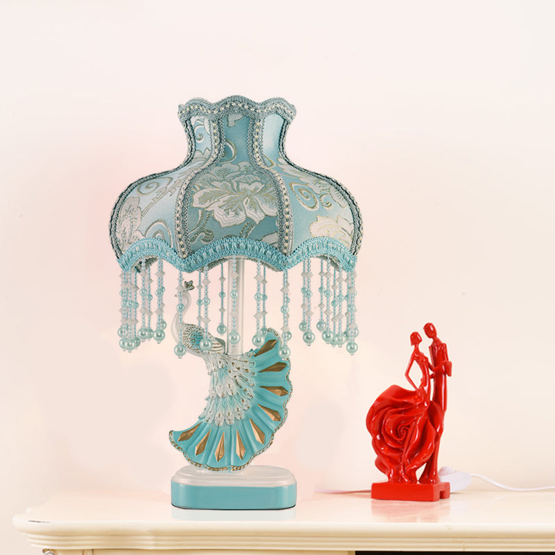 Fabric Dome Table Lamp Nordic 1-Bulb Pink/Blue Reading Book Light with Fringe and Peacock Deco Blue Clearhalo 'Lamps' 'Table Lamps' Lighting' 1651949