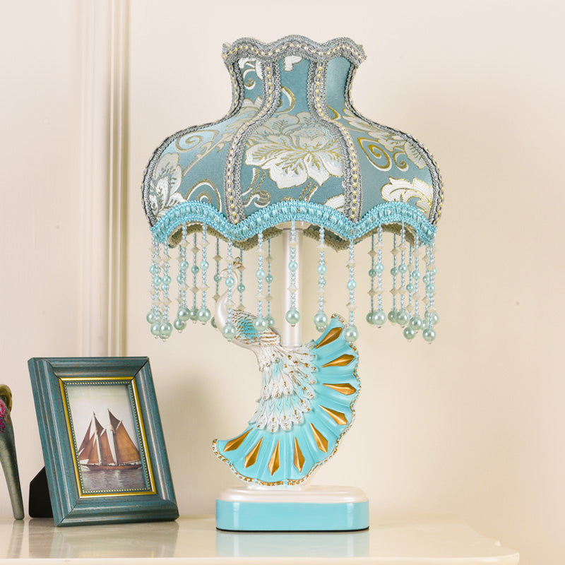 Fabric Dome Table Lamp Nordic 1-Bulb Pink/Blue Reading Book Light with Fringe and Peacock Deco Clearhalo 'Lamps' 'Table Lamps' Lighting' 1651950