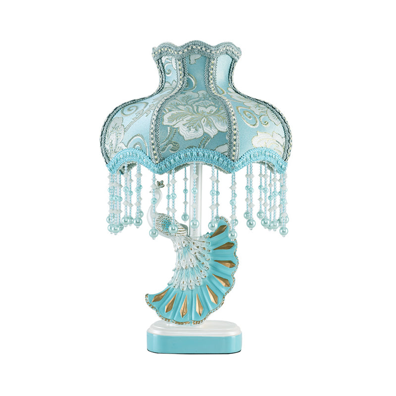 Fabric Dome Table Lamp Nordic 1-Bulb Pink/Blue Reading Book Light with Fringe and Peacock Deco Clearhalo 'Lamps' 'Table Lamps' Lighting' 1651951