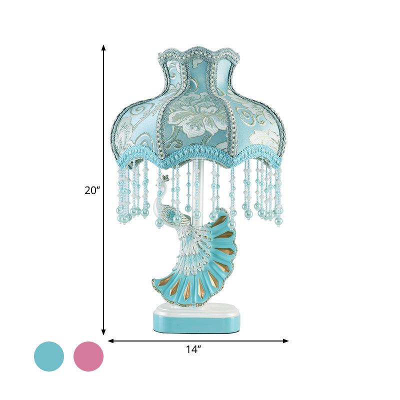 Fabric Dome Table Lamp Nordic 1-Bulb Pink/Blue Reading Book Light with Fringe and Peacock Deco Clearhalo 'Lamps' 'Table Lamps' Lighting' 1651952