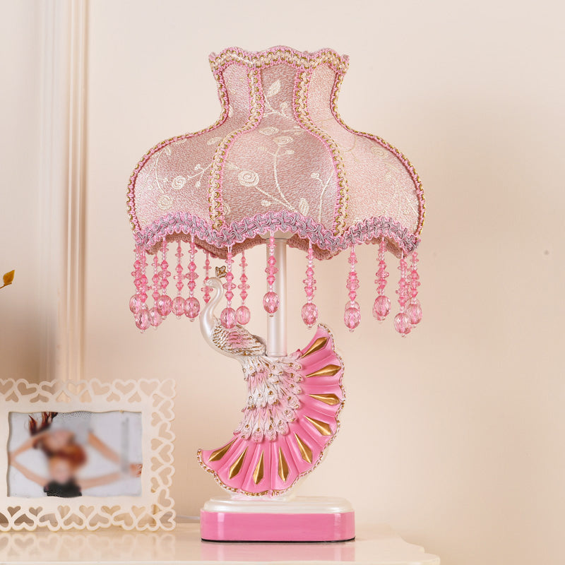 Fabric Dome Table Lamp Nordic 1-Bulb Pink/Blue Reading Book Light with Fringe and Peacock Deco Pink Clearhalo 'Lamps' 'Table Lamps' Lighting' 1651953