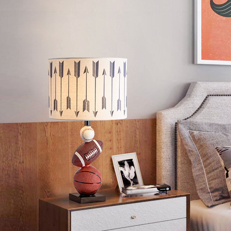 Cylinder Bedroom Task Light Fabric 1 Light Cartoon Night Table Lamp with Ball Decor in Brown Brown Clearhalo 'Lamps' 'Table Lamps' Lighting' 1651965
