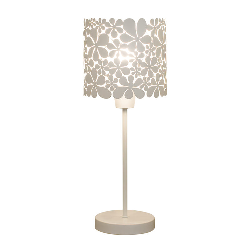 Cylinder Iron Table Lamp Modernism 1 Light White Nightstand Light with Flower Design Clearhalo 'Lamps' 'Table Lamps' Lighting' 1651975
