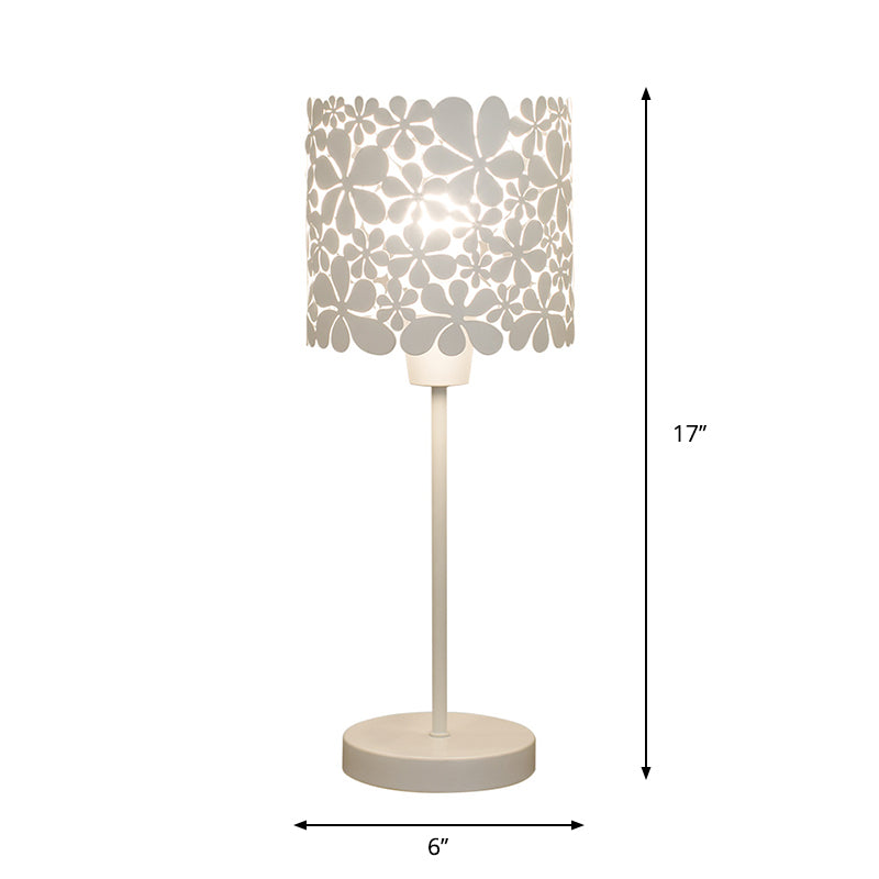 Cylinder Iron Table Lamp Modernism 1 Light White Nightstand Light with Flower Design Clearhalo 'Lamps' 'Table Lamps' Lighting' 1651976