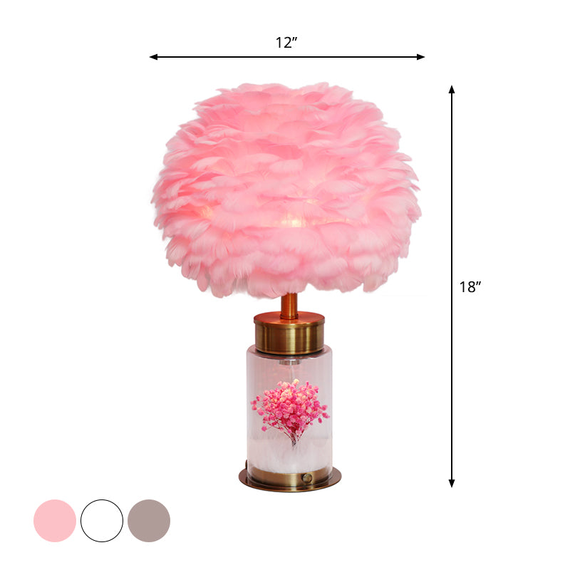 Feather Globe Study Lamp Nordic 1 Bulb Desk Light with Bottle Base and Inner Flower Decor in Grey/White/Pink Clearhalo 'Lamps' 'Table Lamps' Lighting' 1652006