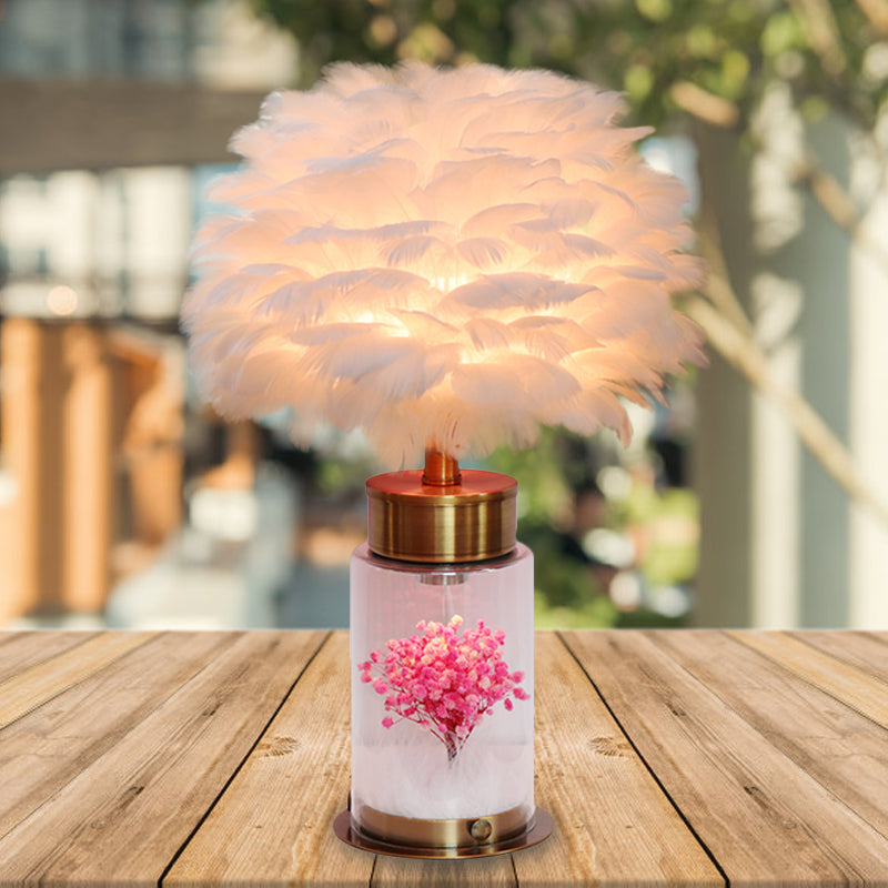 Feather Globe Study Lamp Nordic 1 Bulb Desk Light with Bottle Base and Inner Flower Decor in Grey/White/Pink Clearhalo 'Lamps' 'Table Lamps' Lighting' 1652008