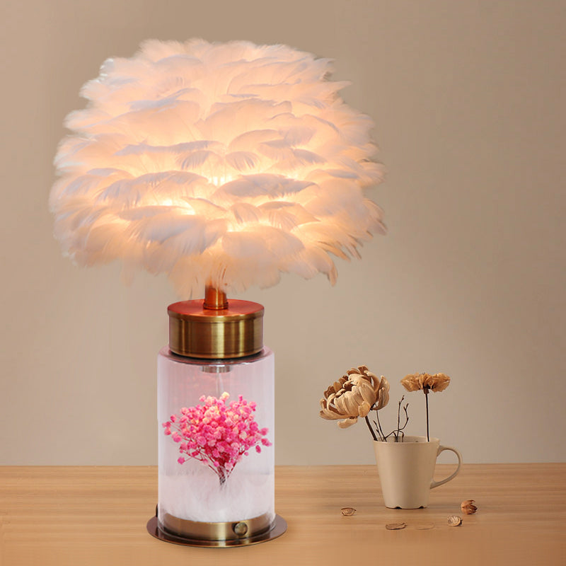 Feather Globe Study Lamp Nordic 1 Bulb Desk Light with Bottle Base and Inner Flower Decor in Grey/White/Pink Clearhalo 'Lamps' 'Table Lamps' Lighting' 1652009
