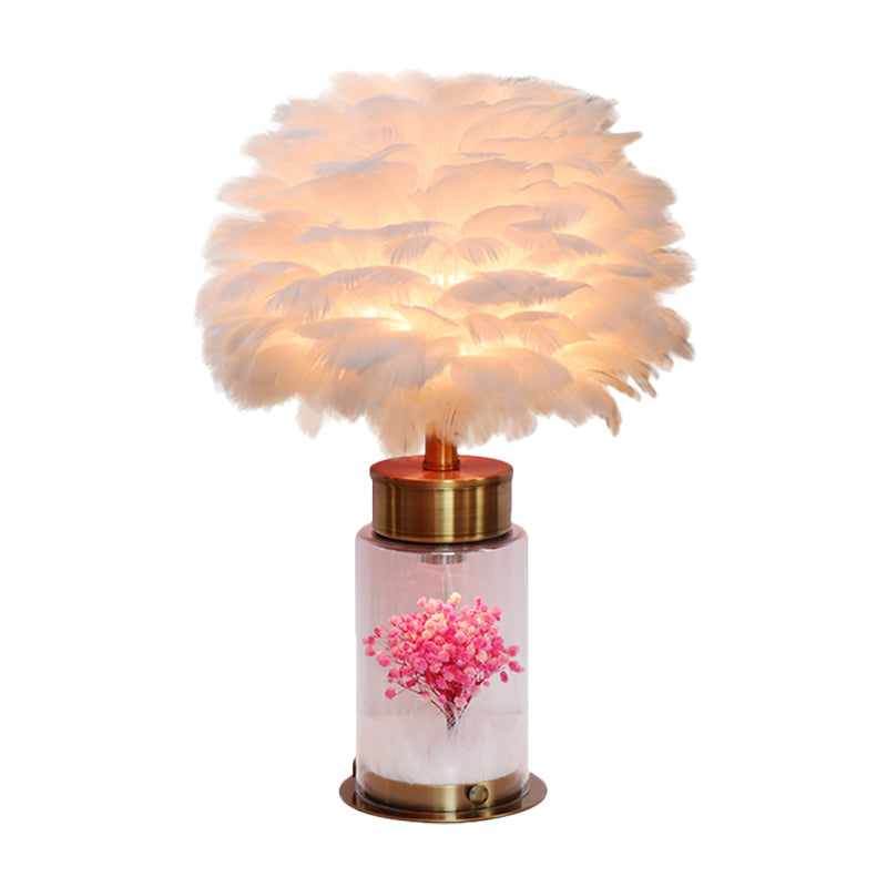 Feather Globe Study Lamp Nordic 1 Bulb Desk Light with Bottle Base and Inner Flower Decor in Grey/White/Pink Clearhalo 'Lamps' 'Table Lamps' Lighting' 1652010