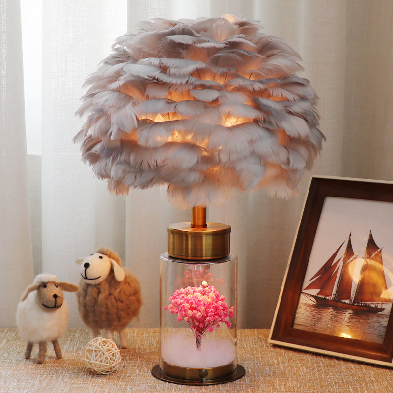 Feather Globe Study Lamp Nordic 1 Bulb Desk Light with Bottle Base and Inner Flower Decor in Grey/White/Pink Clearhalo 'Lamps' 'Table Lamps' Lighting' 1652012